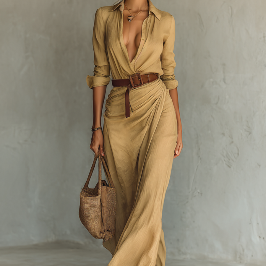 CLÉMENCE™ – Robe Maxi Longue avec Col et Ceinture