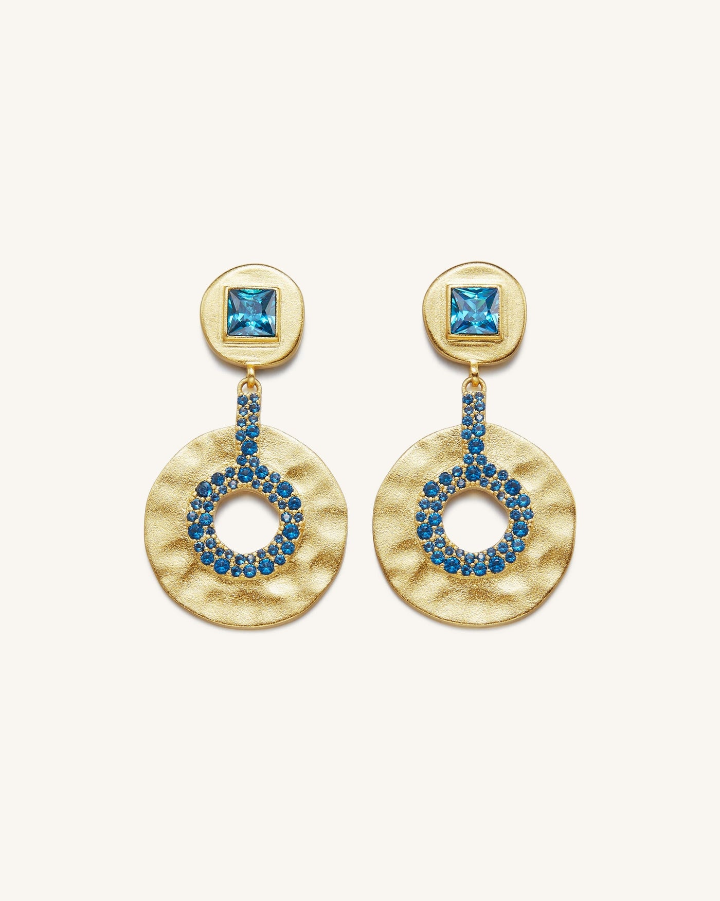 Boucles D'oreilles Géométriques Ajourées - Plaqué Or 18ct & Zircon Bleu Marine