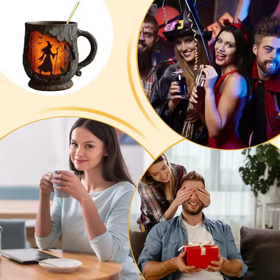 Tasse Halloween 3D artisanale – Sorcière et chat