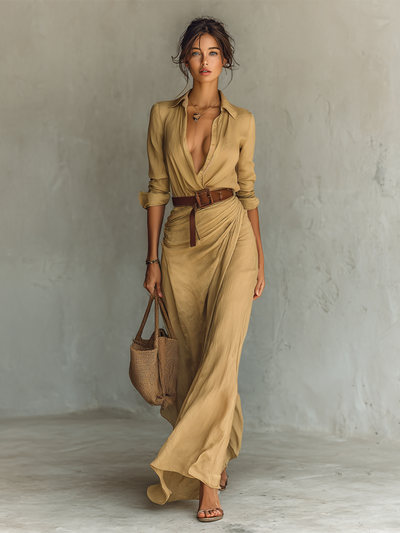 CLÉMENCE™ – Robe Maxi Longue avec Col et Ceinture