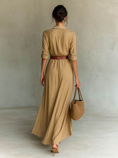 CLÉMENCE™ – Robe Maxi Longue avec Col et Ceinture